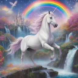 A magical unicorn galloping in a whimsical fantasy landscape, adorned with rainbow colors, sparkling stars, and shimmering waterfalls.