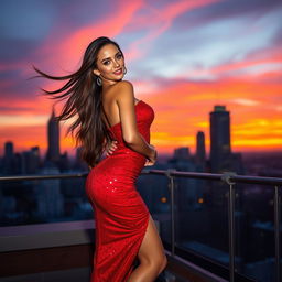 A sexy woman with flowing long hair, wearing a fitted, sparkling red dress that accentuates her curves