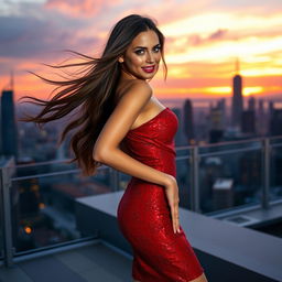 A sexy woman with flowing long hair, wearing a fitted, sparkling red dress that accentuates her curves