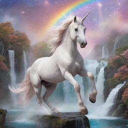 A magical unicorn galloping in a whimsical fantasy landscape, adorned with rainbow colors, sparkling stars, and shimmering waterfalls.