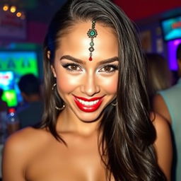 A stunning woman with big boobs, wearing a beautiful bindi on her forehead