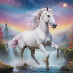 A magical unicorn galloping in a whimsical fantasy landscape, adorned with rainbow colors, sparkling stars, and shimmering waterfalls.