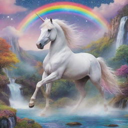 A magical unicorn galloping in a whimsical fantasy landscape, adorned with rainbow colors, sparkling stars, and shimmering waterfalls.