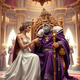 In a lavish palace adorned with opulent decorations, a regal king sits majestically on his grand throne, dressed in rich purple royal garb