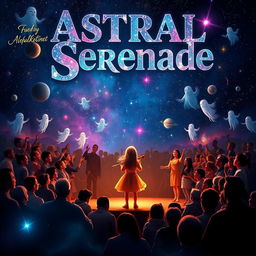 A captivating movie poster for 'Astral Serenade', featuring a girl on a beautifully lit stage playing an instrument