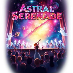 A captivating movie poster for 'Astral Serenade', featuring a girl on a beautifully lit stage playing an instrument