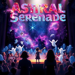 A captivating movie poster for 'Astral Serenade', featuring a girl on a beautifully lit stage playing an instrument