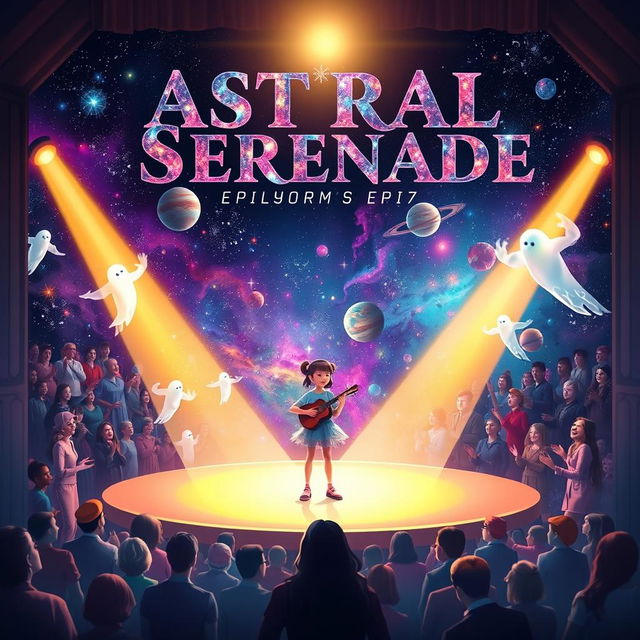 A captivating movie poster for 'Astral Serenade', featuring a girl on a beautifully lit stage playing an instrument