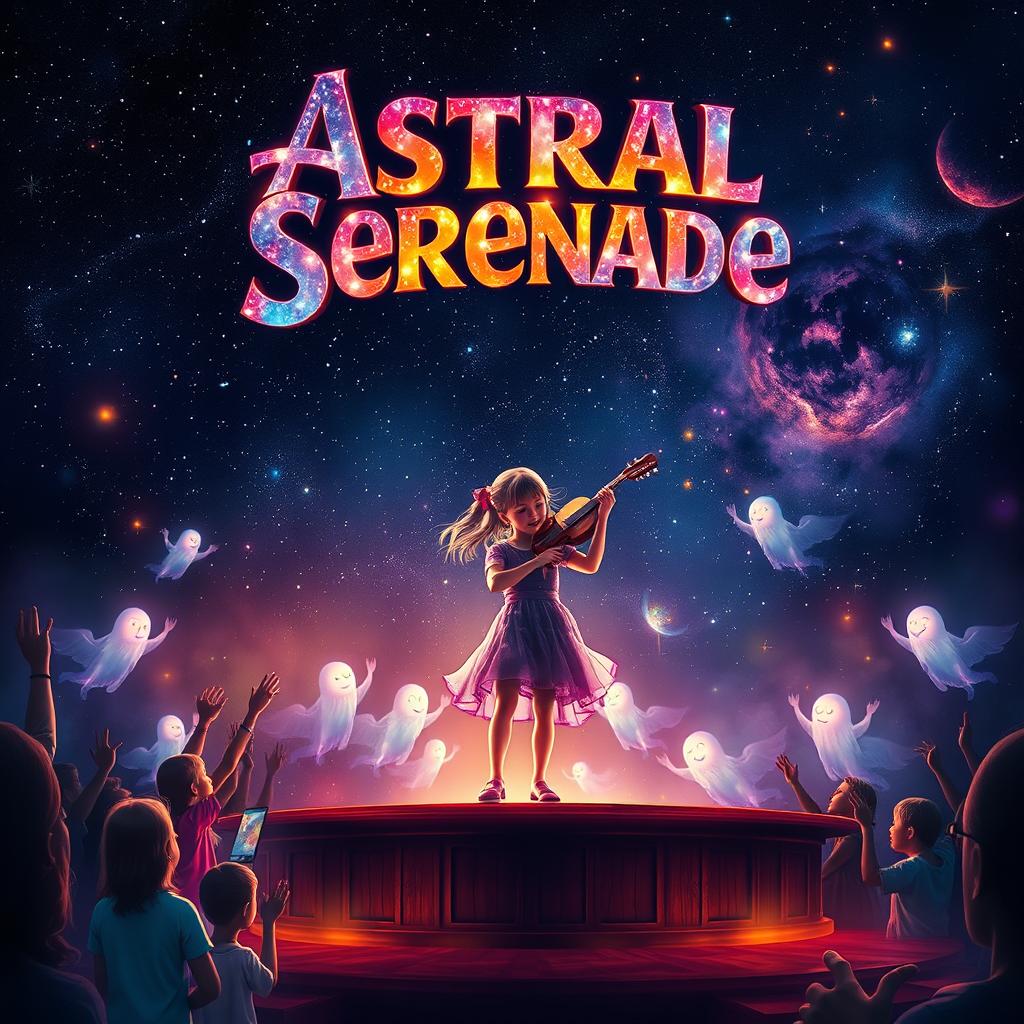 A movie poster for 'Astral Serenade' featuring a girl on a stage passionately playing an instrument