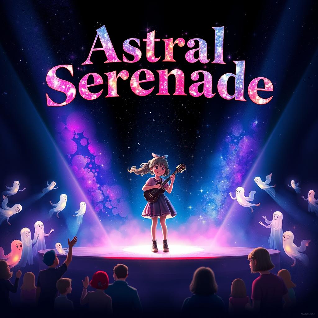 A movie poster for 'Astral Serenade' featuring a girl on a stage passionately playing an instrument