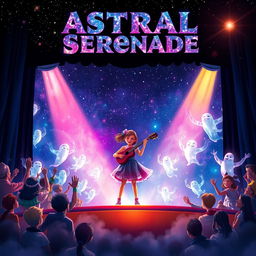 A movie poster for 'Astral Serenade' featuring a girl on a stage passionately playing an instrument