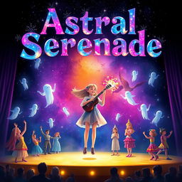 A movie poster for 'Astral Serenade' featuring a girl on a stage passionately playing an instrument