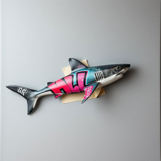 A raw photography image of a grey blank canvas featuring a shark attached to it using adhesive tape