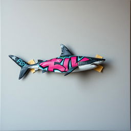 A raw photography image of a grey blank canvas featuring a shark attached to it using adhesive tape