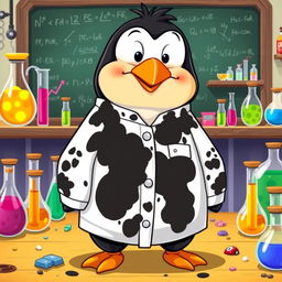 A cartoon penguin wearing a laboratory uniform that is covered in dirty black stains, including clearly visible stained sleeves
