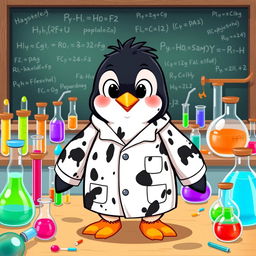 A cartoon penguin wearing a laboratory uniform that is covered in dirty black stains, including clearly visible stained sleeves