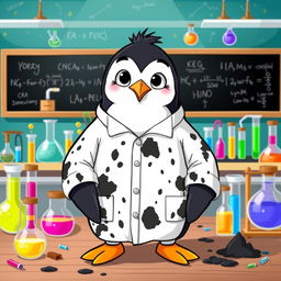 A cartoon penguin wearing a laboratory uniform that is covered in dirty black stains, including clearly visible stained sleeves