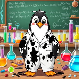 A cartoon penguin wearing a laboratory uniform that is covered in dirty black stains, including clearly visible stained sleeves