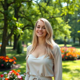 A slender, beautiful European blonde woman, 28 years old, smiling softly in a park