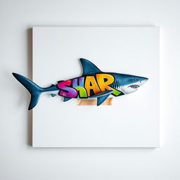 A vivid image of a blank canvas featuring a shark securely attached to it with adhesive tape, while the shark's body is creatively covered in colorful spray paint graffiti letters