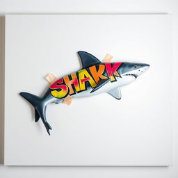 A vivid image of a blank canvas featuring a shark securely attached to it with adhesive tape, while the shark's body is creatively covered in colorful spray paint graffiti letters