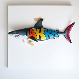 A vivid image of a blank canvas featuring a shark securely attached to it with adhesive tape, while the shark's body is creatively covered in colorful spray paint graffiti letters