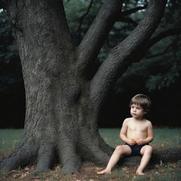 Neoclassicism style image of a little boy leaning his stomach against a tree, rendered in the distinctive dark fantasy art style of the 1970s, featuring high variations and medium stylization.