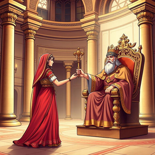 An illustration depicting the biblical scene of Queen Esther approaching King Ahasuerus, based on Esther chapter 5, verses 1 to 2