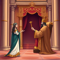 An illustration depicting the biblical scene of Queen Esther approaching King Ahasuerus, based on Esther chapter 5, verses 1 to 2