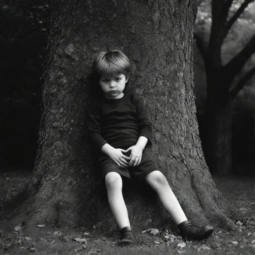 Neoclassicism style image of a little boy leaning his stomach against a tree, rendered in the distinctive dark fantasy art style of the 1970s, featuring high variations and medium stylization.