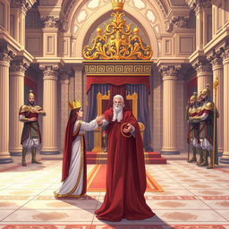 An illustration portraying the biblical scene of Queen Esther approaching King Ahasuerus, inspired by Esther chapter 5, verses 1 to 2