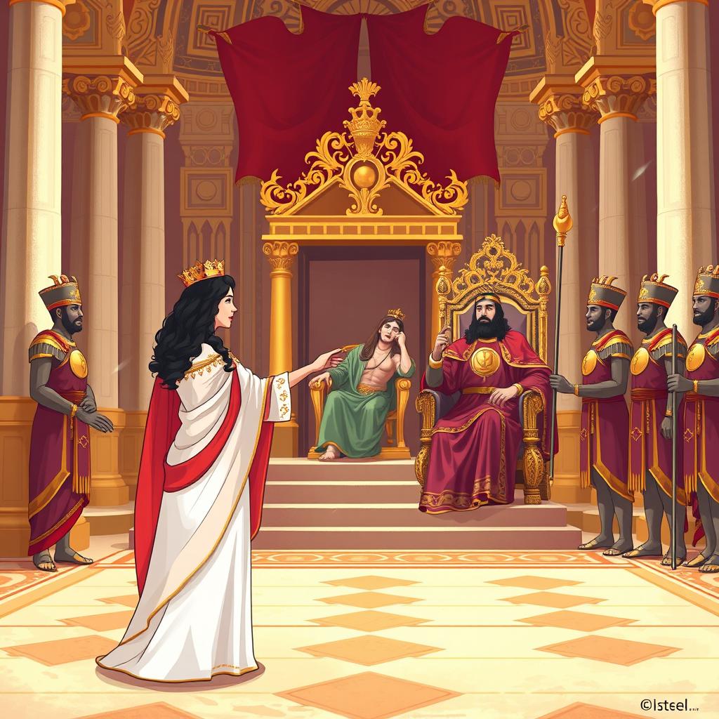 An illustration portraying the biblical scene of Queen Esther approaching King Ahasuerus, inspired by Esther chapter 5, verses 1 to 2