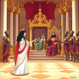 An illustration portraying the biblical scene of Queen Esther approaching King Ahasuerus, inspired by Esther chapter 5, verses 1 to 2