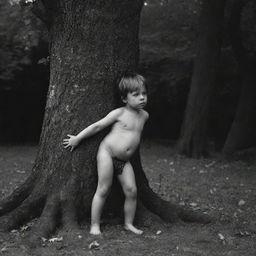 Neoclassicism style image of a little boy leaning his stomach against a tree, rendered in the distinctive dark fantasy art style of the 1970s, featuring high variations and medium stylization.