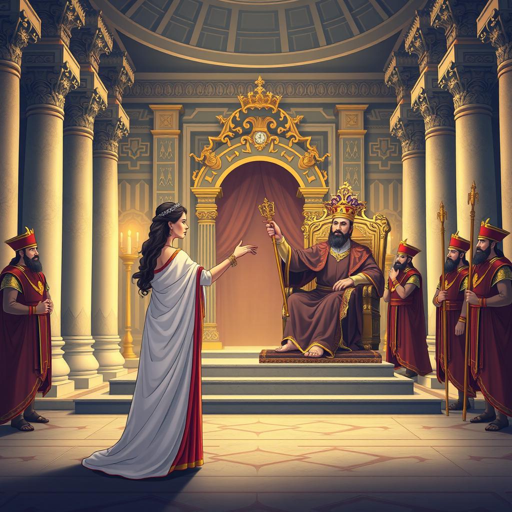 An illustration portraying the biblical scene of Queen Esther approaching King Ahasuerus, inspired by Esther chapter 5, verses 1 to 2