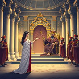 An illustration portraying the biblical scene of Queen Esther approaching King Ahasuerus, inspired by Esther chapter 5, verses 1 to 2