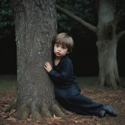 Neoclassicism style image of a little boy leaning his stomach against a tree, rendered in the distinctive dark fantasy art style of the 1970s, featuring high variations and medium stylization.