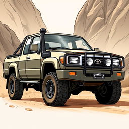 A rugged, detailed illustration of a Toyota Land Cruiser 100 pickup truck from the early 2000s, specifically between the years 2002-2003