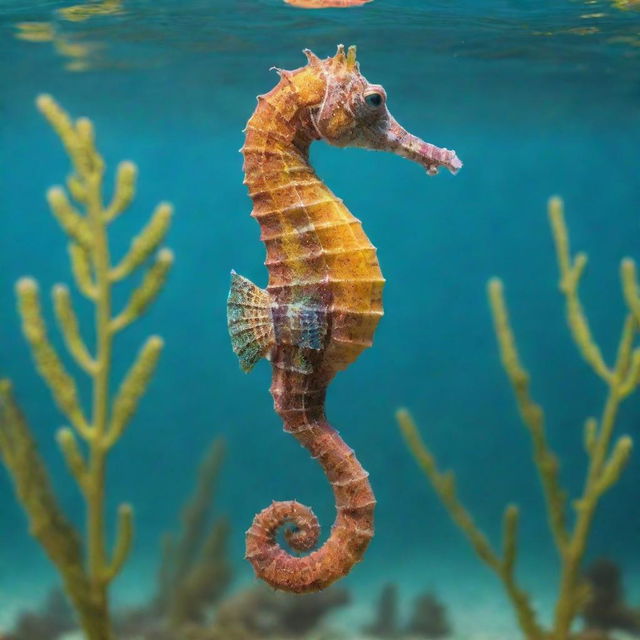 A vibrant and colorful seahorse, swimming gracefully in clear, turquoise waters with a backdrop of thriving aquatic vegetation.