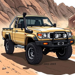 A rugged, detailed illustration of a Toyota Land Cruiser 100 pickup truck from the early 2000s, specifically between the years 2002-2003