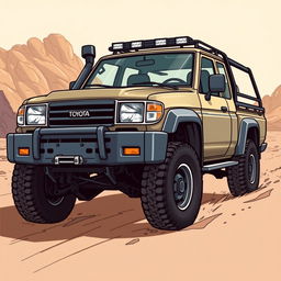 A rugged, detailed illustration of a Toyota Land Cruiser 100 pickup truck from the early 2000s, specifically between the years 2002-2003