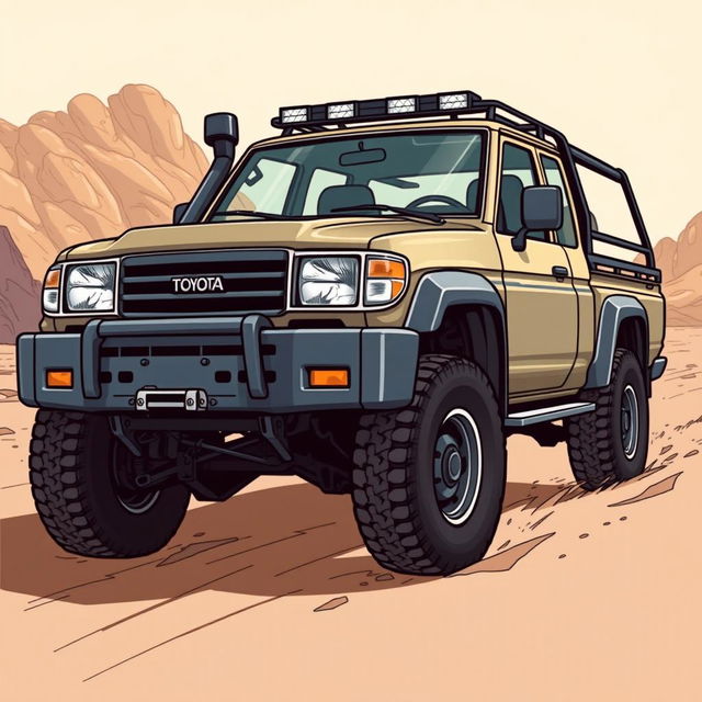 A rugged, detailed illustration of a Toyota Land Cruiser 100 pickup truck from the early 2000s, specifically between the years 2002-2003