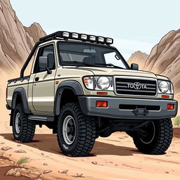 A rugged, detailed illustration of a Toyota Land Cruiser 100 pickup truck from the early 2000s, specifically between the years 2002-2003