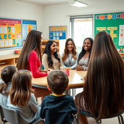 A scene depicting a meeting between mothers of students and teachers, with a focus on the mothers who have very long, smooth, straight, and flowing hair, completely loose and free