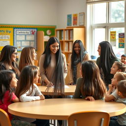 A scene depicting a meeting between mothers of students and teachers, with a focus on the mothers who have very long, smooth, straight, and flowing hair, completely loose and free