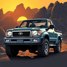 A striking illustration of a Toyota Land Cruiser 105 pickup truck from the early 2000s, specifically between the years 2002-2003