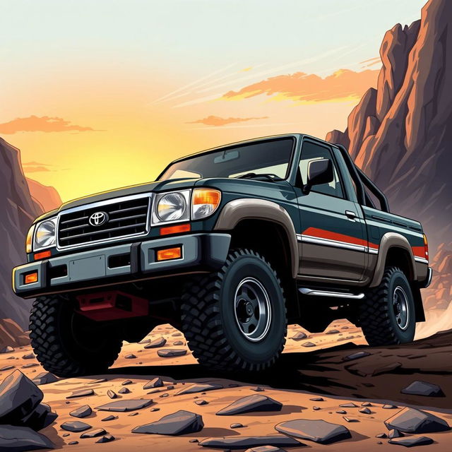 A striking illustration of a Toyota Land Cruiser 105 pickup truck from the early 2000s, specifically between the years 2002-2003