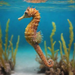 A vibrant and colorful seahorse, swimming gracefully in clear, turquoise waters with a backdrop of thriving aquatic vegetation.