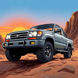 A striking illustration of a Toyota Land Cruiser 105 pickup truck from the early 2000s, specifically between the years 2002-2003