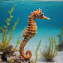 A vibrant and colorful seahorse, swimming gracefully in clear, turquoise waters with a backdrop of thriving aquatic vegetation.